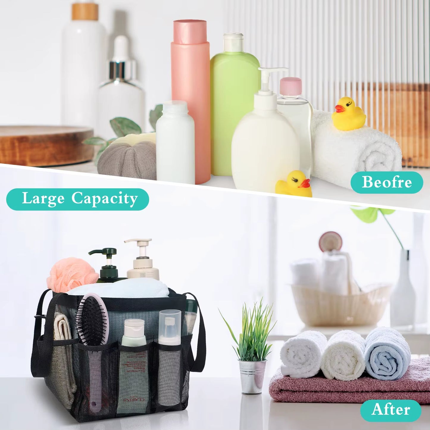 Mesh Shower Caddy Portable for College Dorm Room with 8 Pockets Hanging Shower Caddy Dorm Basket Quick Dry Shower Bag Bathroom