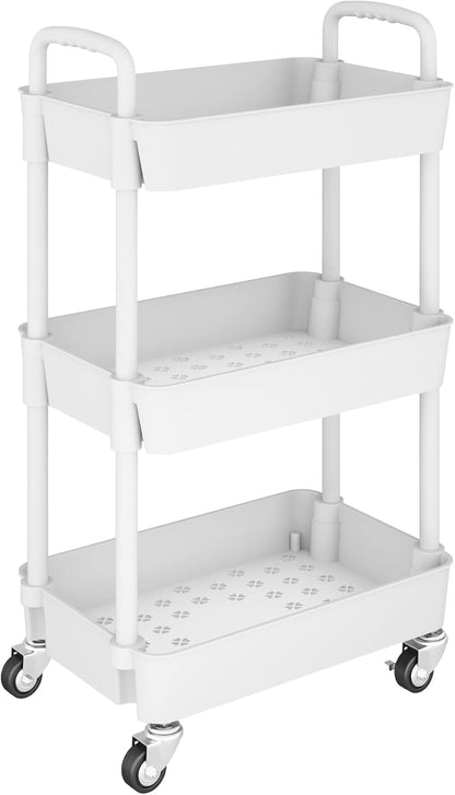 3-Tier Kitchen Rolling Utility Cart,Multifunction Storage Organizer with Handle and 2 Lockable Wheels for Kitchen,Bathroom,Living Room,Office,White