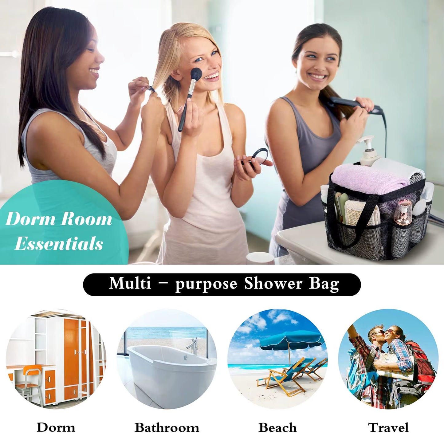 Mesh Shower Caddy Portable for College Dorm Room with 8 Pockets Hanging Shower Caddy Dorm Basket Quick Dry Shower Bag Bathroom