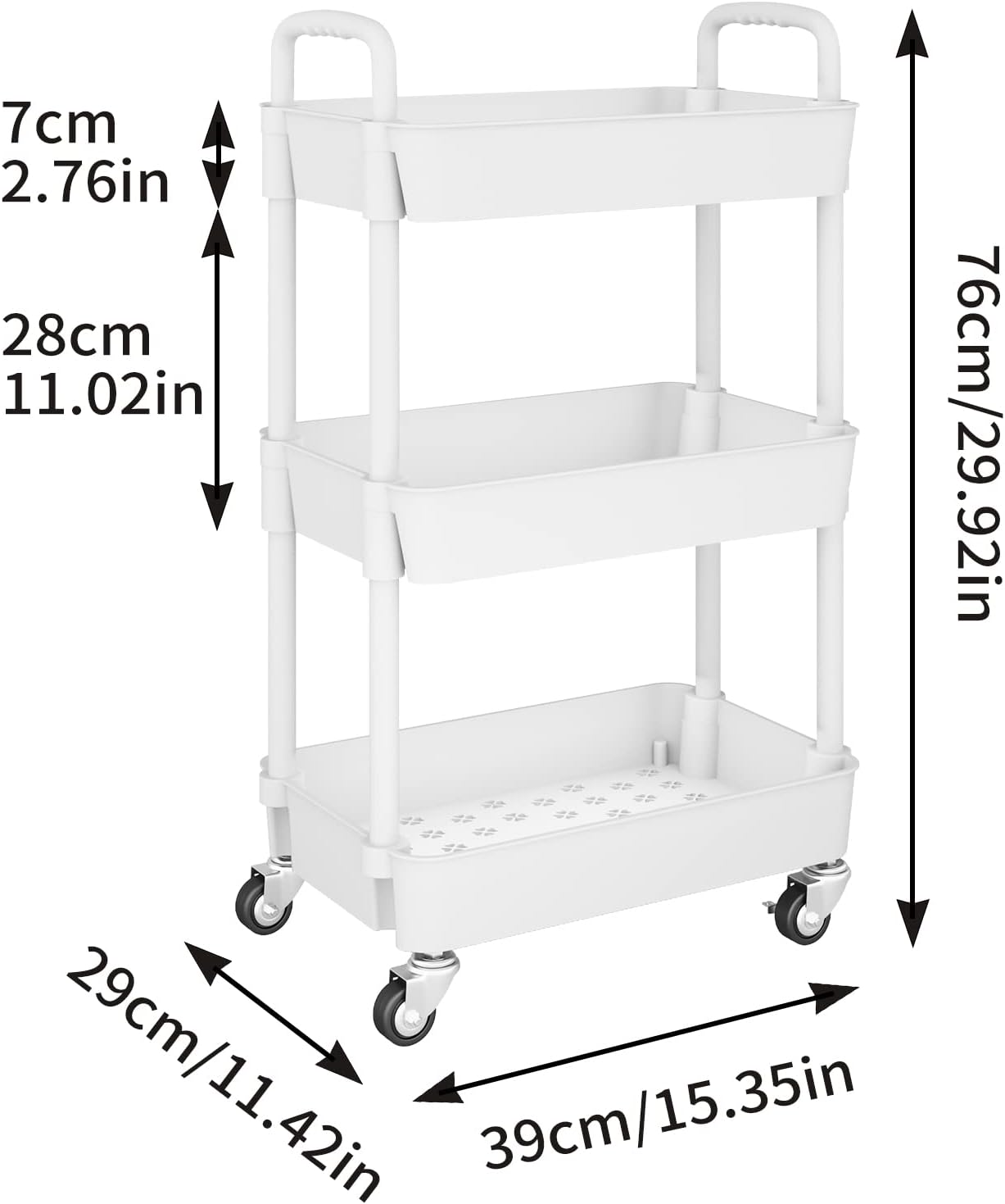 3-Tier Kitchen Rolling Utility Cart,Multifunction Storage Organizer with Handle and 2 Lockable Wheels for Kitchen,Bathroom,Living Room,Office,White