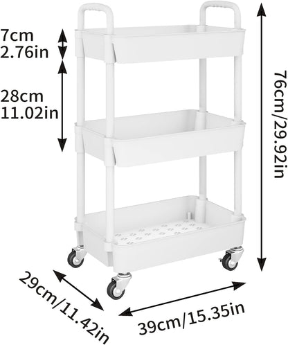 3-Tier Kitchen Rolling Utility Cart,Multifunction Storage Organizer with Handle and 2 Lockable Wheels for Kitchen,Bathroom,Living Room,Office,White