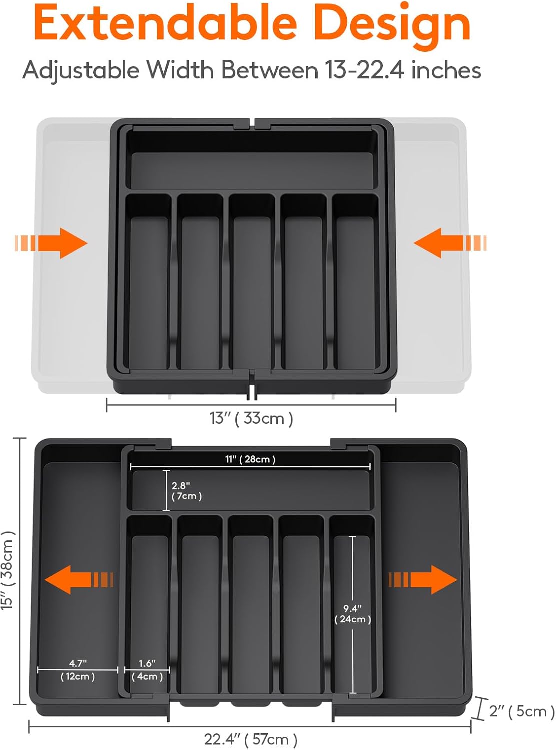 Cutlery Drawer Organizer, Expandable Utensil Tray for Kitchen, BPA Free Flatware and Silverware Holder, Adjustable Plastic Storage for Spoons Forks Knives, Organizers and Storage, Large, Black