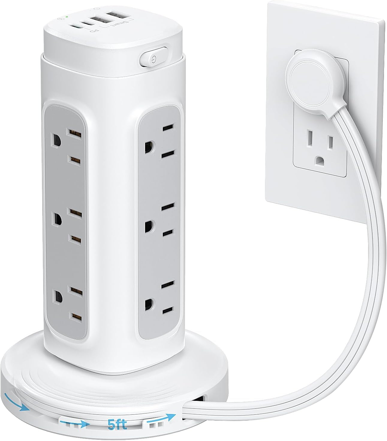 Tower Power Bar Surge Protector with PD 20W USB C, 5Ft Retractable Flat Plug Extension Cord Indoor, 12 Widely Spaced Outlets, Vertical Charging Station, Home Office Dorm Room Essentials, White