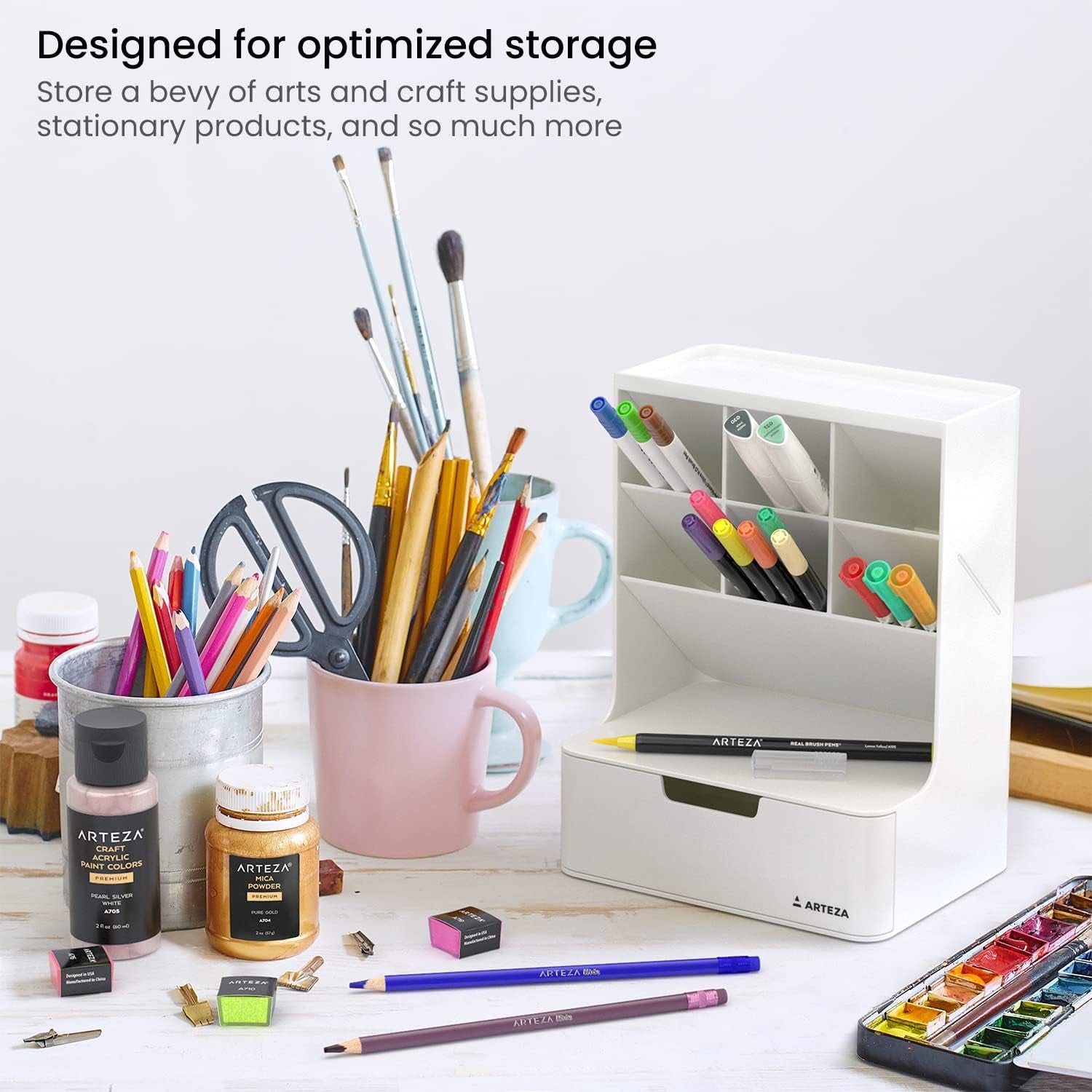 Desktop Pen and Marker Organizer, 6-Compartment White Pen Holder for Desk with Stationery Drawer, Makeup Organizer