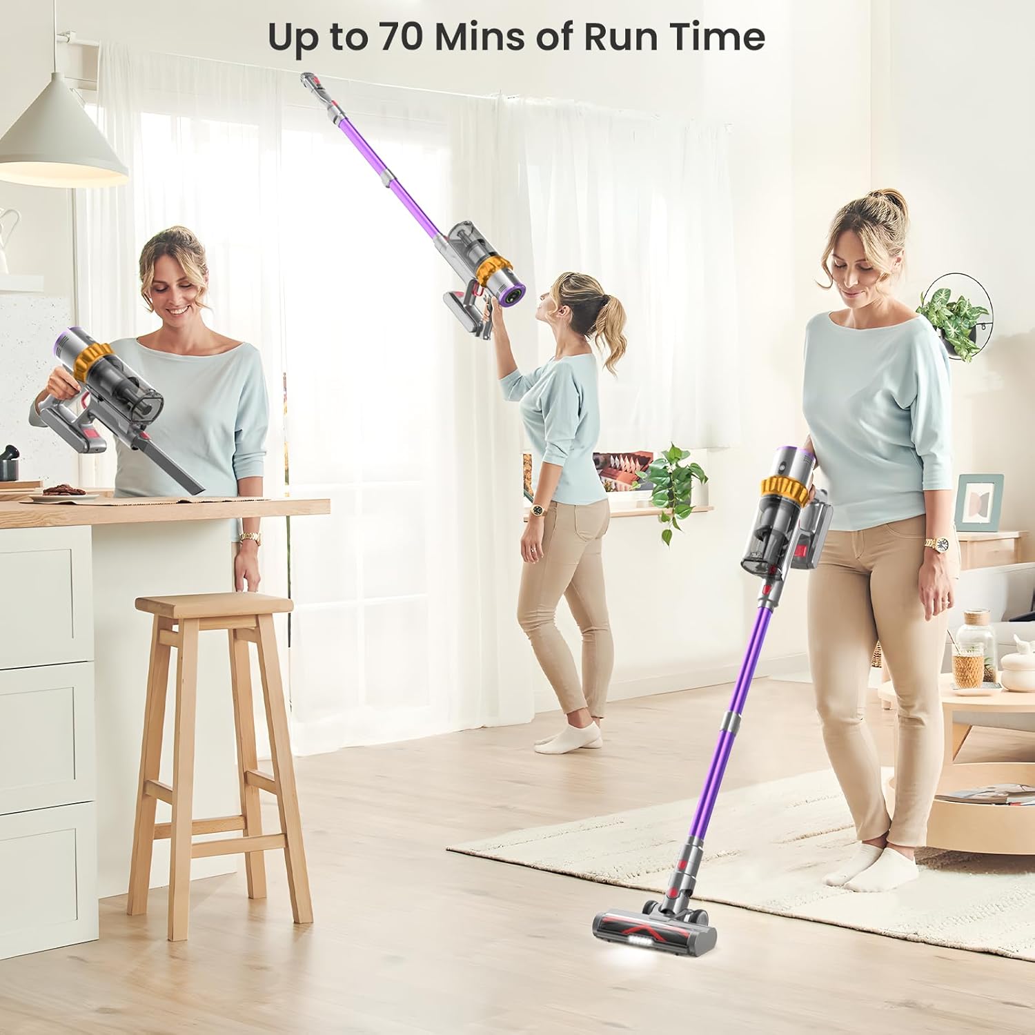 Cordless Vacuum Cleaner, 550W/45Kpa/70Mins Vacuum Cleaners with LED Screen, Wall Mount Charging, 1.6L Dust Cup, Anti-Tangle Cordless Vacuums, Rechargeable Stick Vacuum for Pet Hair/Carpet/Hard Floor