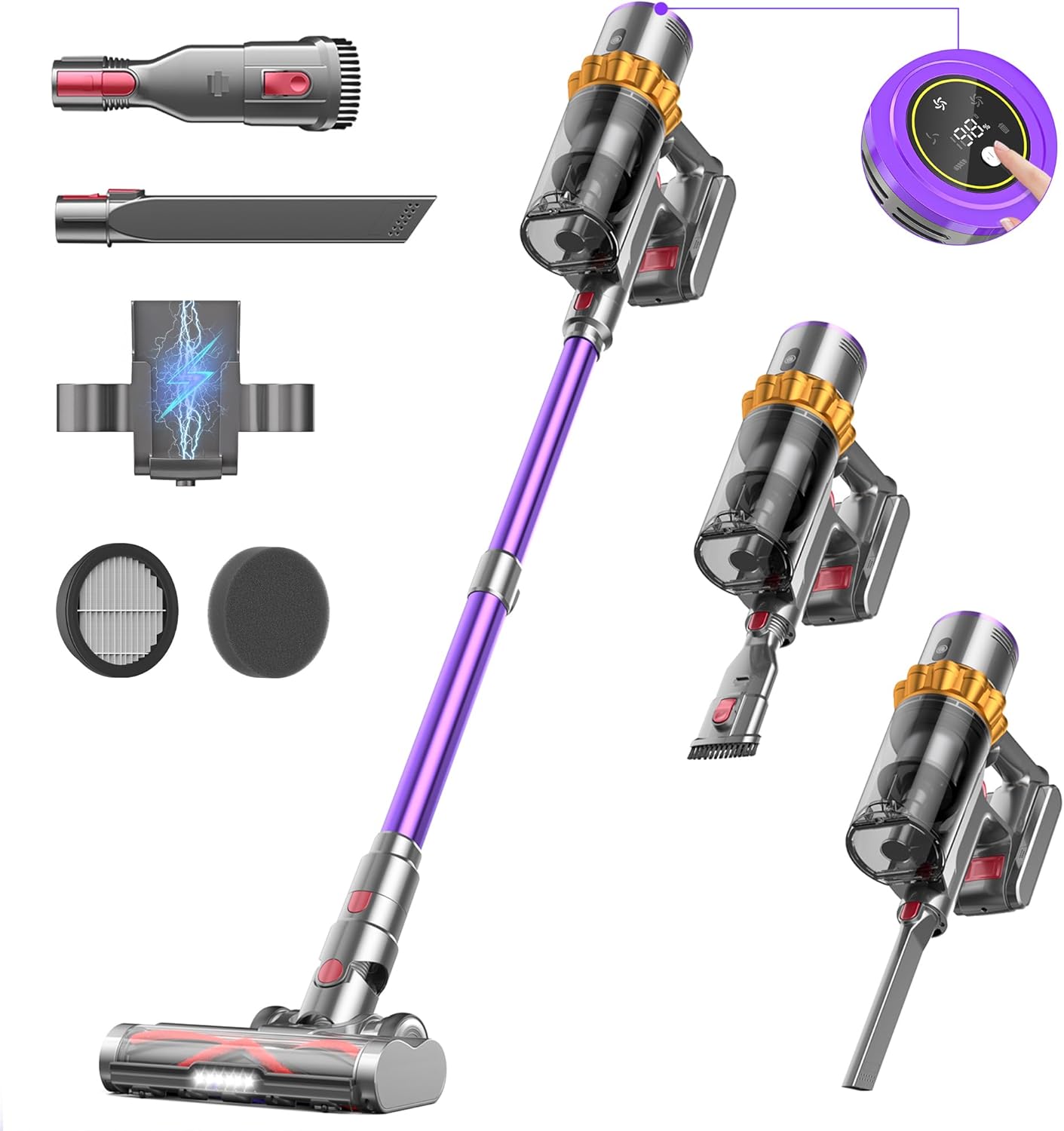 Cordless Vacuum Cleaner, 550W/45Kpa/70Mins Vacuum Cleaners with LED Screen, Wall Mount Charging, 1.6L Dust Cup, Anti-Tangle Cordless Vacuums, Rechargeable Stick Vacuum for Pet Hair/Carpet/Hard Floor