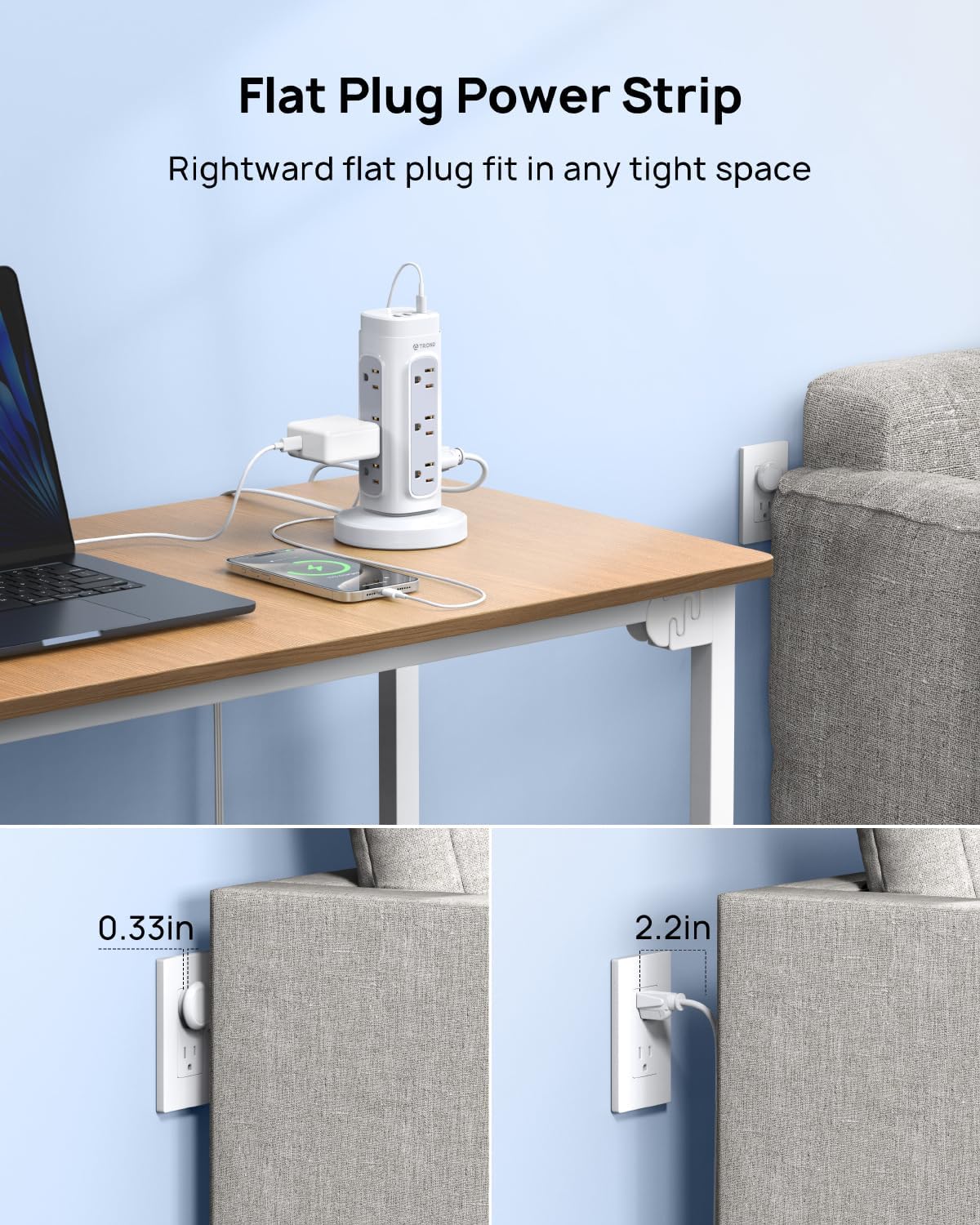 Tower Power Bar Surge Protector with PD 20W USB C, 5Ft Retractable Flat Plug Extension Cord Indoor, 12 Widely Spaced Outlets, Vertical Charging Station, Home Office Dorm Room Essentials, White