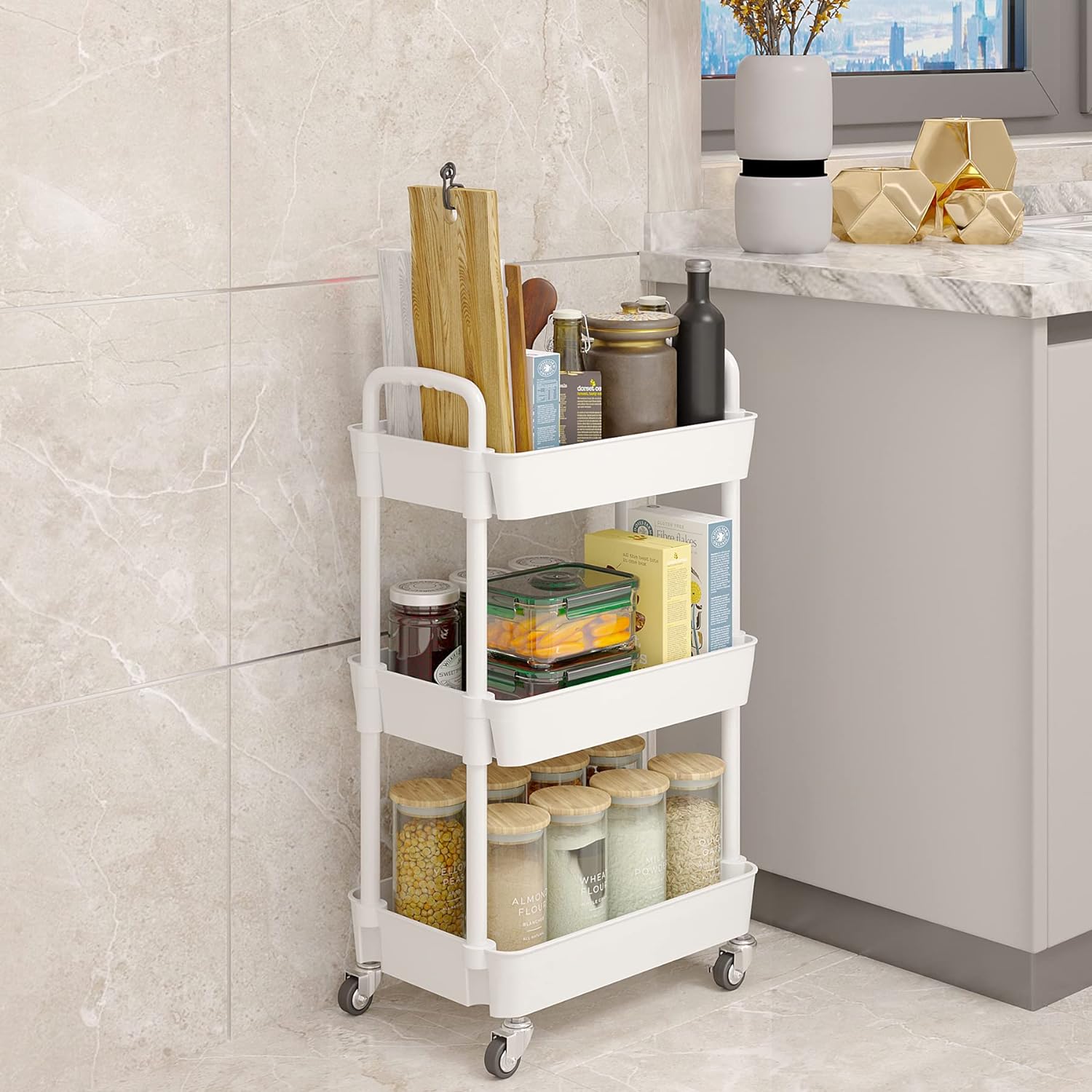 3-Tier Kitchen Rolling Utility Cart,Multifunction Storage Organizer with Handle and 2 Lockable Wheels for Kitchen,Bathroom,Living Room,Office,White