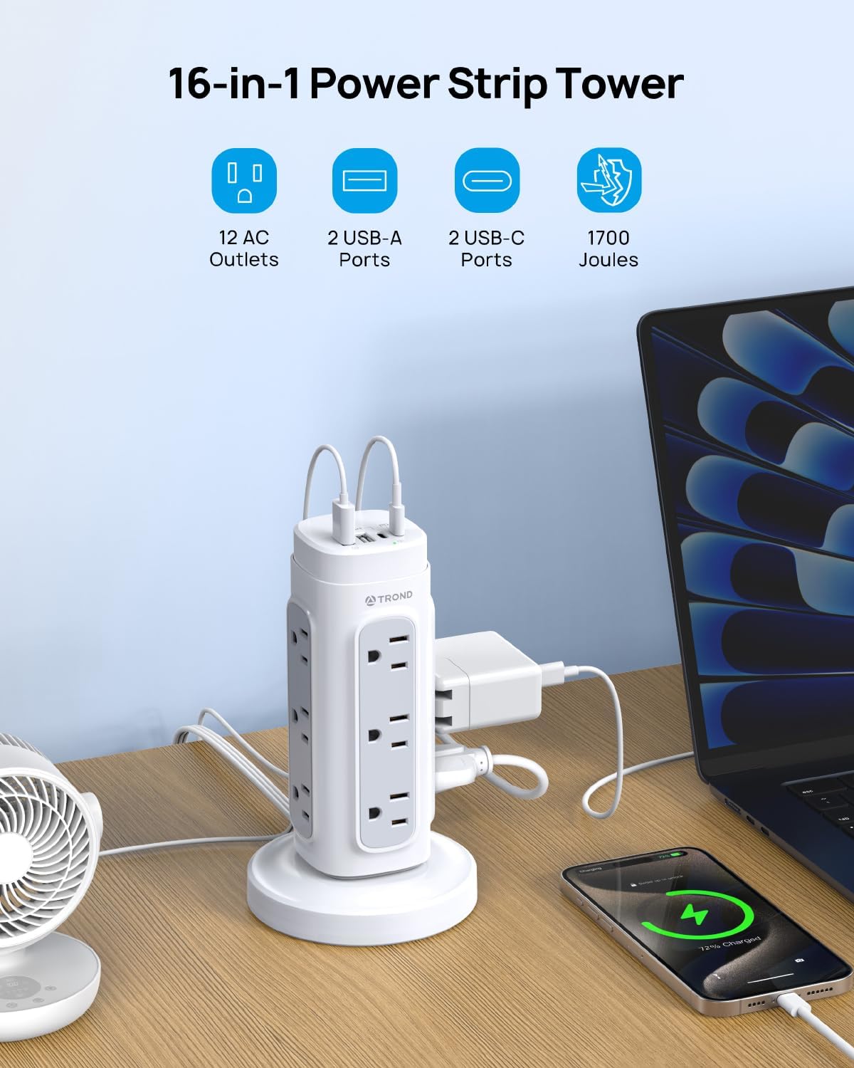 Tower Power Bar Surge Protector with PD 20W USB C, 5Ft Retractable Flat Plug Extension Cord Indoor, 12 Widely Spaced Outlets, Vertical Charging Station, Home Office Dorm Room Essentials, White