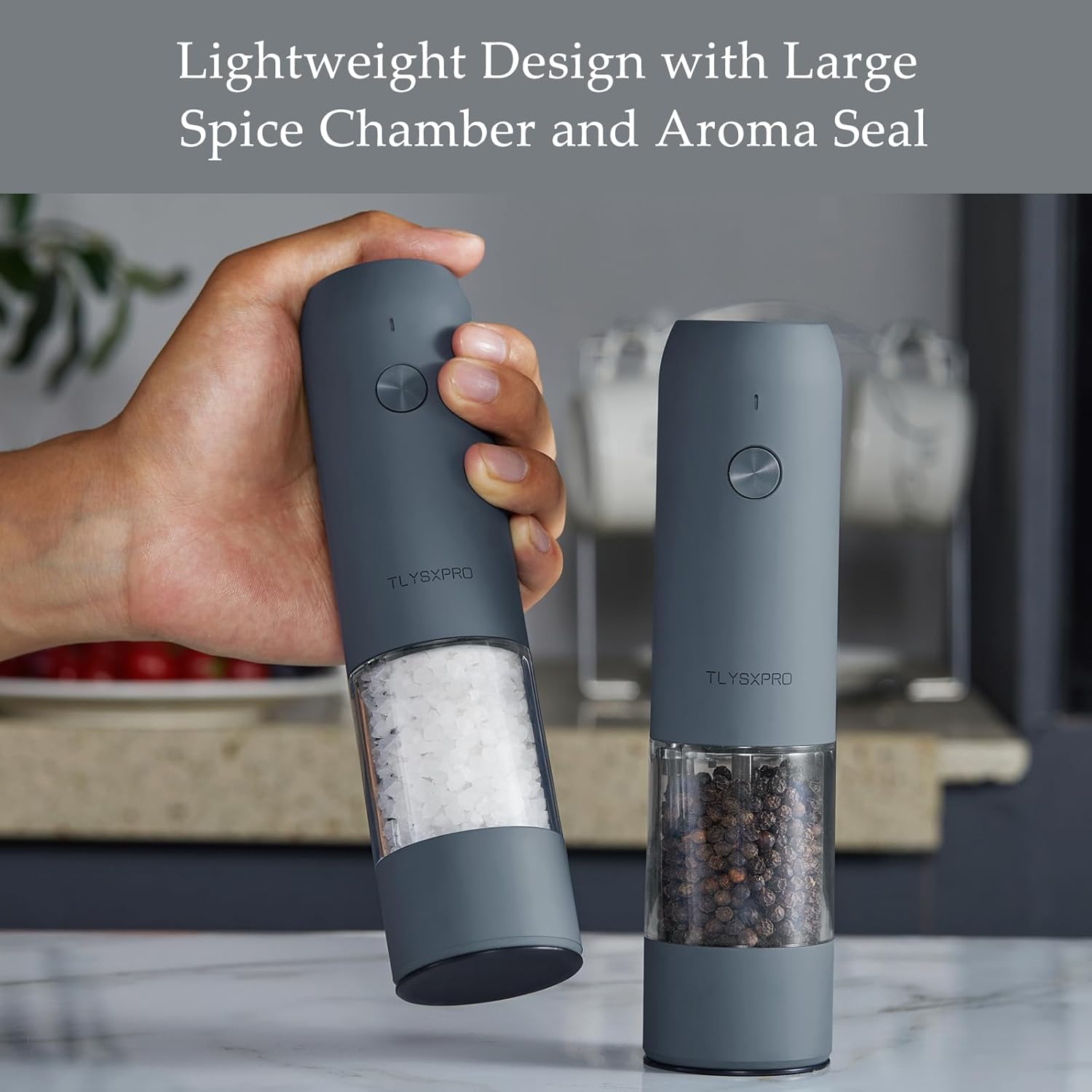 Electric Salt and Pepper Grinder Set, USB Rechargeable, Automatic Salt and Pepper Mill Grinder with Adjustable Coarseness, Electric Salt Shakers, LED Light, Refillable (2 Packs, Greige&Buttercream)