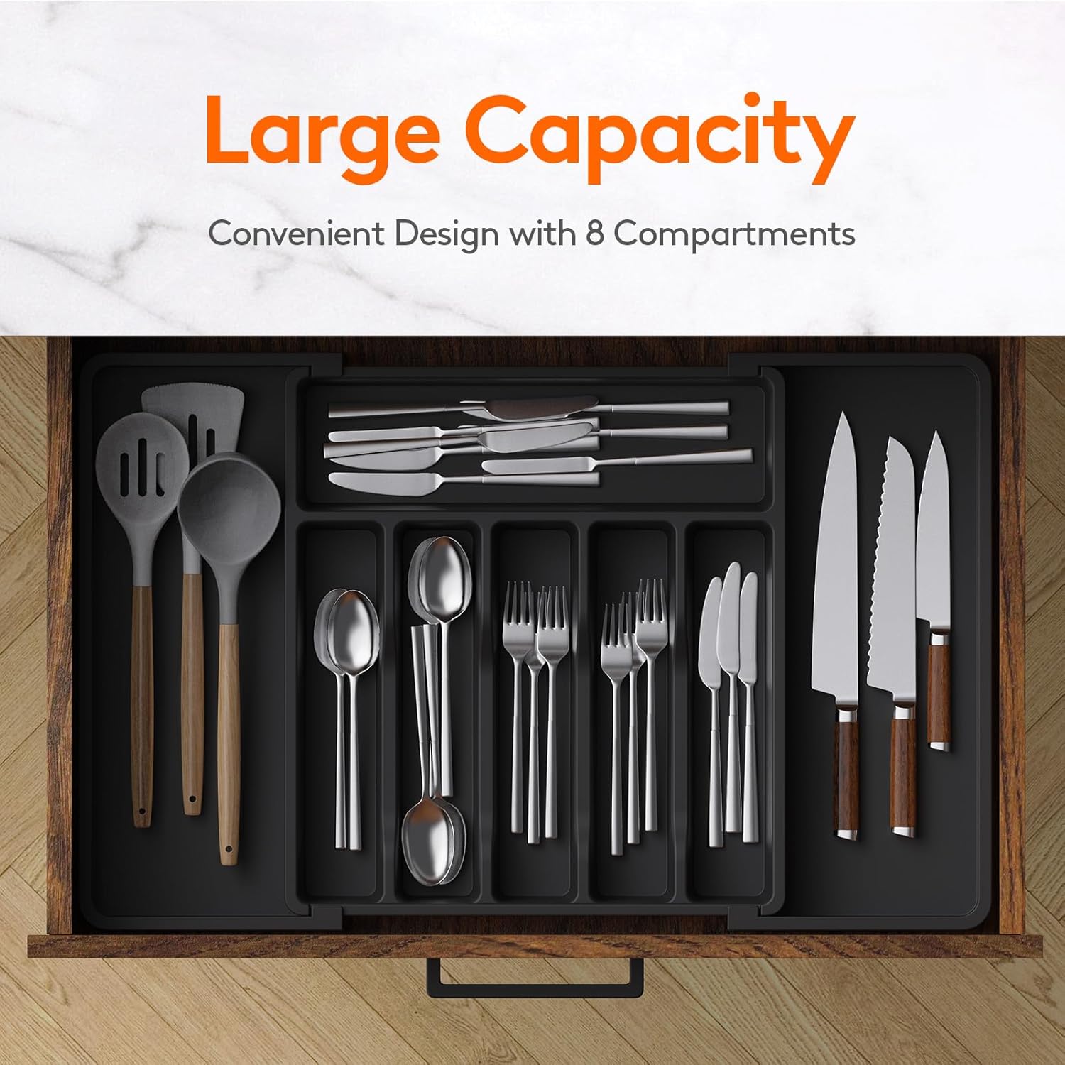 Cutlery Drawer Organizer, Expandable Utensil Tray for Kitchen, BPA Free Flatware and Silverware Holder, Adjustable Plastic Storage for Spoons Forks Knives, Organizers and Storage, Large, Black