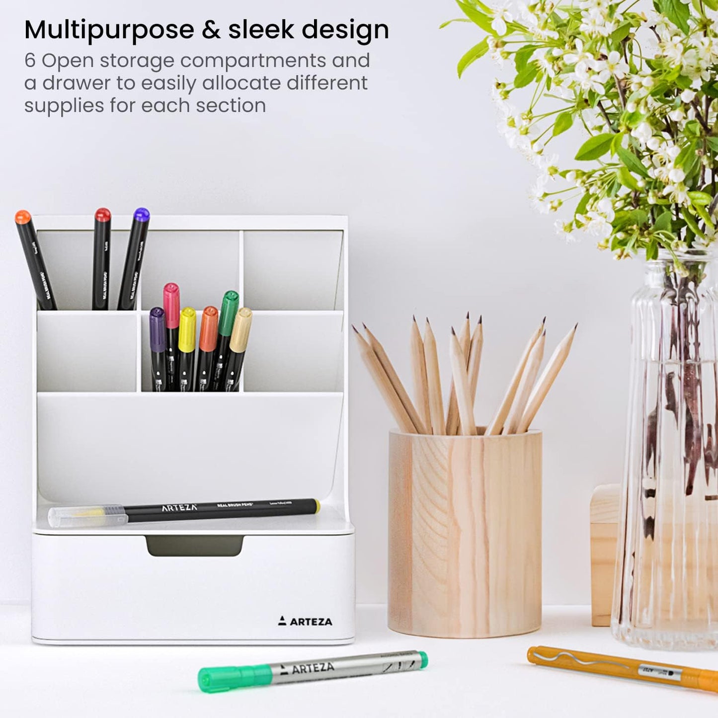 Desktop Pen and Marker Organizer, 6-Compartment White Pen Holder for Desk with Stationery Drawer, Makeup Organizer