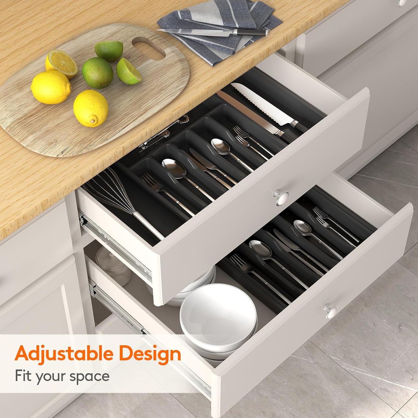 Cutlery Drawer Organizer, Expandable Utensil Tray for Kitchen, BPA Free Flatware and Silverware Holder, Adjustable Plastic Storage for Spoons Forks Knives, Organizers and Storage, Large, Black