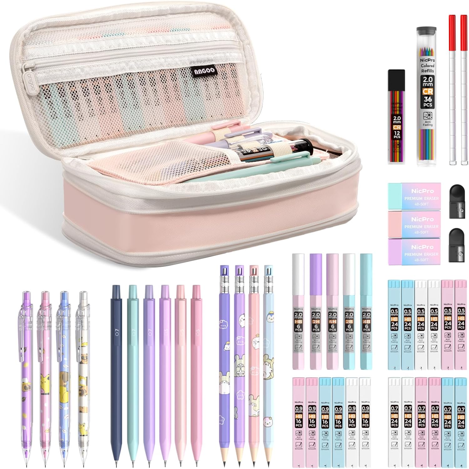 Nicpro 47PCS Aesthetic School Supplies Pen Case Stationary Set, Cute Pastel Mechanical Pencils 0.5, 0.7, 0.9 & 2Mm Lead Holder with 25 Tube Lead Refills 4B 2B HB 2H Color, Erasers for Student Writing