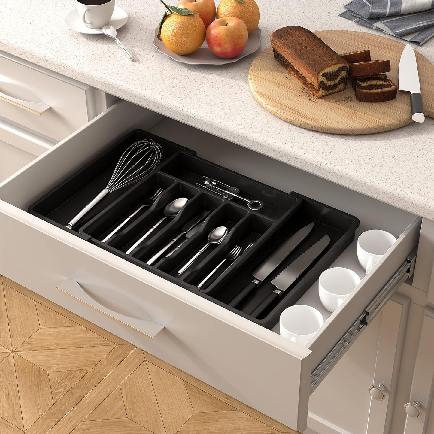 Cutlery Drawer Organizer, Expandable Utensil Tray for Kitchen, BPA Free Flatware and Silverware Holder, Adjustable Plastic Storage for Spoons Forks Knives, Organizers and Storage, Large, Black