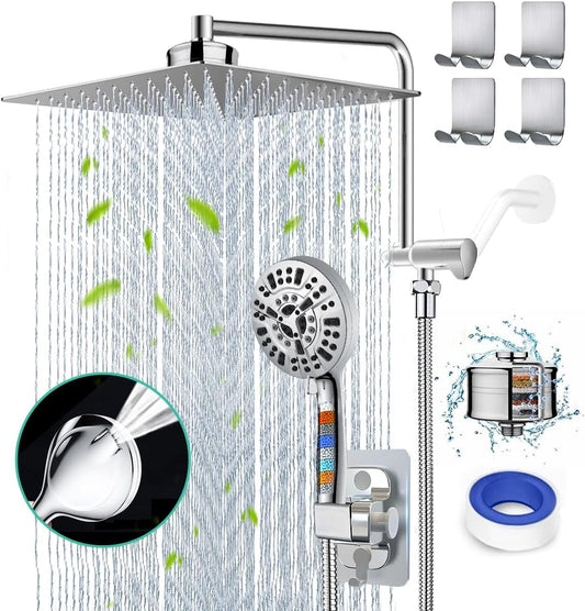 Filtered Shower Head 12" Rain Shower Heads with Handheld Spray Combo 10 Settings Built-In 2 Power Wash, Dual Filter for Hard Water Rainfall Showerhead +12" Shower Extension Arm, 79" Hose & 4 Hooks