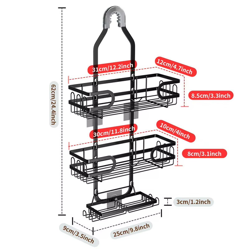 Hanging Shower Caddy, Rustproof No Drilling Bathroom Organizer with Soap Holder and 6 Hooks for Towels, Sponge