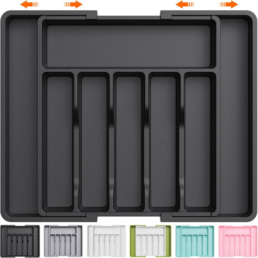 Cutlery Drawer Organizer, Expandable Utensil Tray for Kitchen, BPA Free Flatware and Silverware Holder, Adjustable Plastic Storage for Spoons Forks Knives, Organizers and Storage, Large, Black