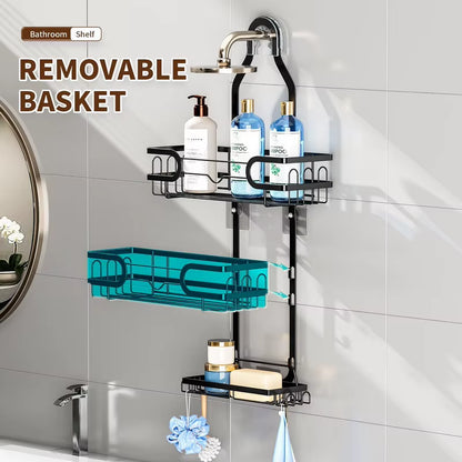 Hanging Shower Caddy, Rustproof No Drilling Bathroom Organizer with Soap Holder and 6 Hooks for Towels, Sponge