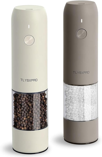 Electric Salt and Pepper Grinder Set, USB Rechargeable, Automatic Salt and Pepper Mill Grinder with Adjustable Coarseness, Electric Salt Shakers, LED Light, Refillable (2 Packs, Greige&Buttercream)